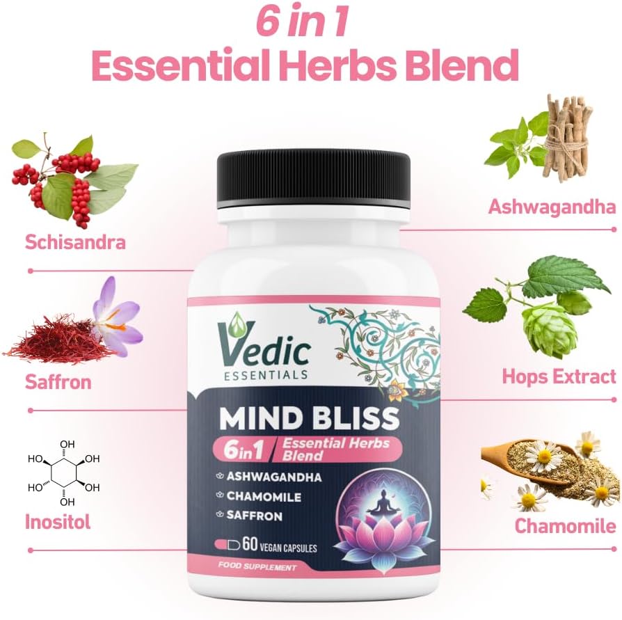 Vedic Mind Bliss- Stress Relief & Sleep Aid | 6-in-1 Ashwagandha Complex +Chamomile +Saffron & More | High Strength Ashwagandha | Anxiety Relief, Calming, Mood Lift | 60 Vegan Capsules