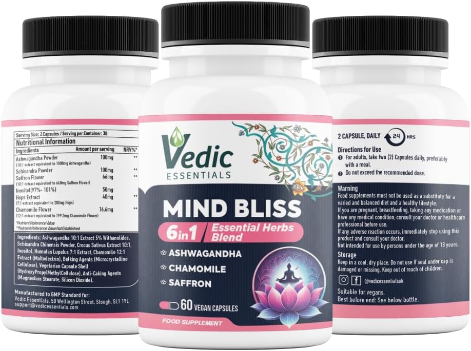 Vedic Mind Bliss- Stress Relief & Sleep Aid | 6-in-1 Ashwagandha Complex +Chamomile +Saffron & More | High Strength Ashwagandha | Anxiety Relief, Calming, Mood Lift | 60 Vegan Capsules