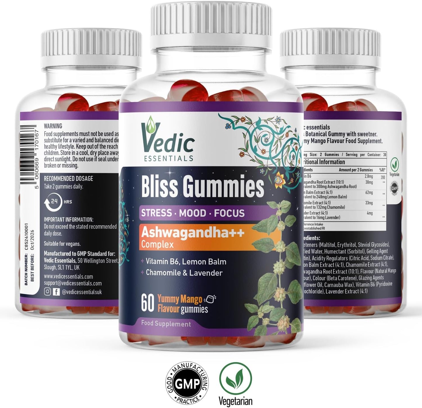 Vedic Bliss Gummies- Stress, Mood, Focus | Sugar Free Ashwagandha Gummies with Chamomile, Lemon Balm, Lavender, Vit B6 | Stress & Anxiety Gummies | High Strength Ashwagandha, Vegan, Yummy Mango Flavor
