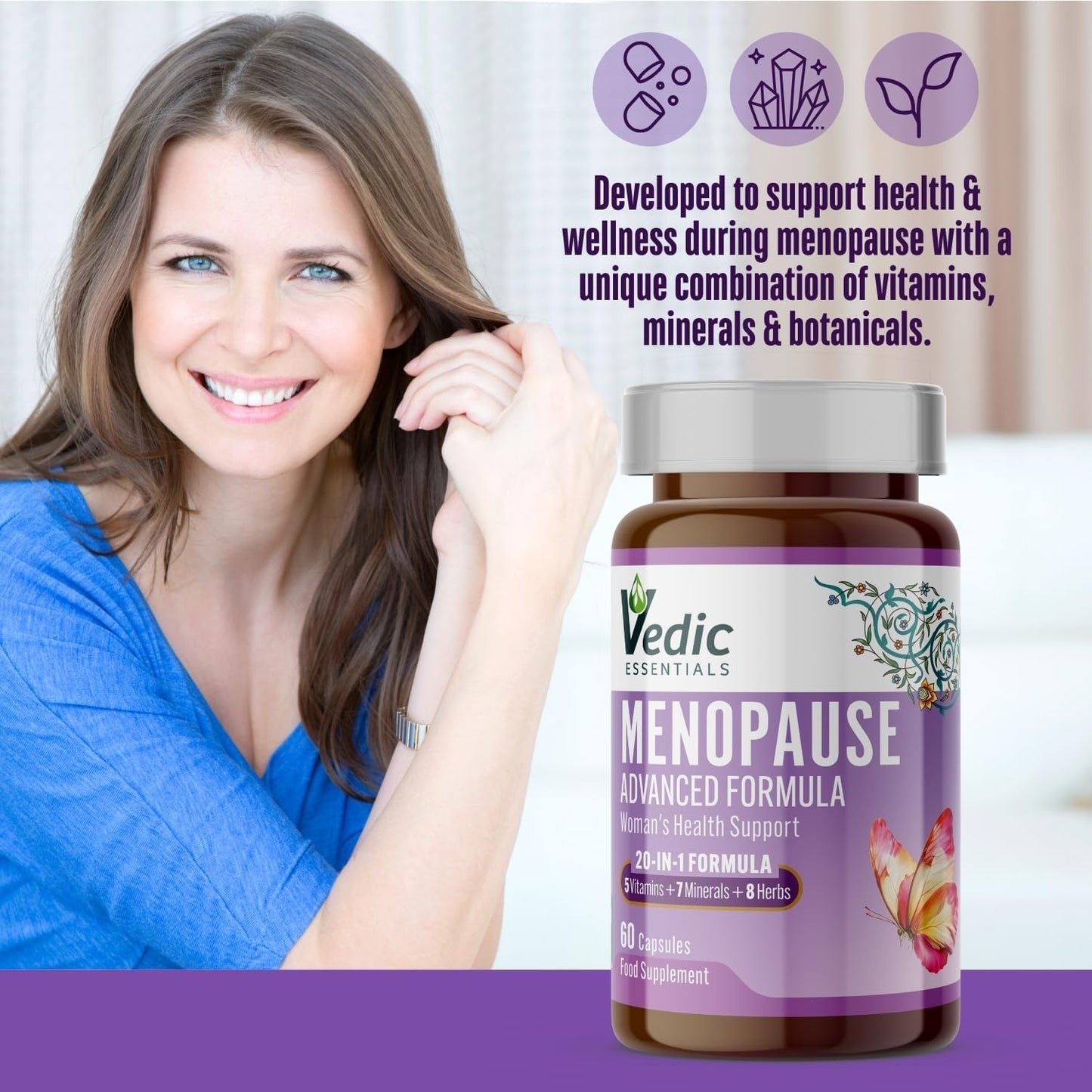Vedic Menopause Support | 20 Vitamins, Minerals & Herbs Like Red Clover, Sage, Primrose, Flaxseed, Ginseng | Menopause, Perimenopause Supplement for Hot Flashes, Mood Swings, Fatigue | UK Made, Vegan