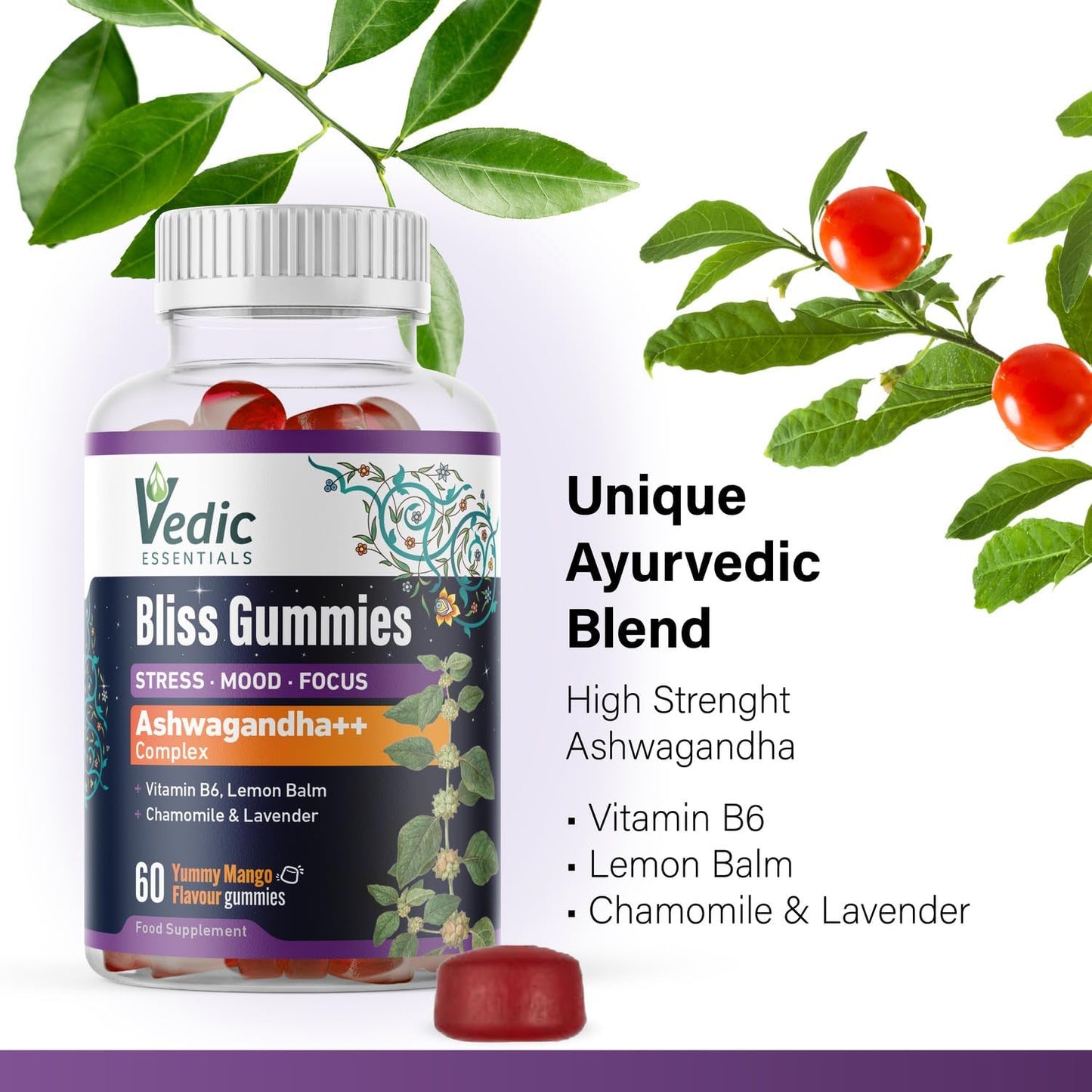 Vedic Bliss Gummies- Stress, Mood, Focus | Sugar Free Ashwagandha Gummies with Chamomile, Lemon Balm, Lavender, Vit B6 | Stress & Anxiety Gummies | High Strength Ashwagandha, Vegan, Yummy Mango Flavor
