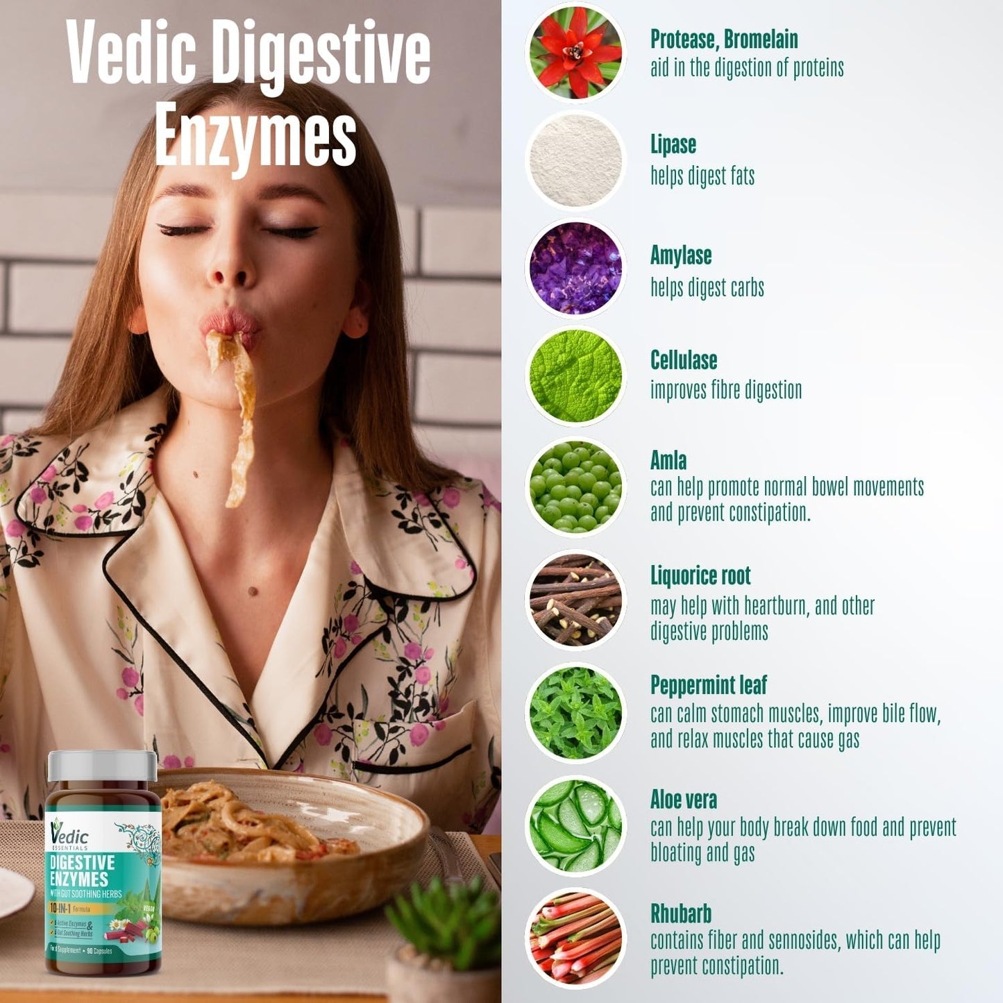 Vedic Digestive Enzymes + Herbs Complex for Better Digestion & Tummy Comfort | Advanced Digestive Supplement for Bloating, Gas, Indigestion | 5 Enzymes + Peppermint, Aloe, Licorice | UK Made, Vegan