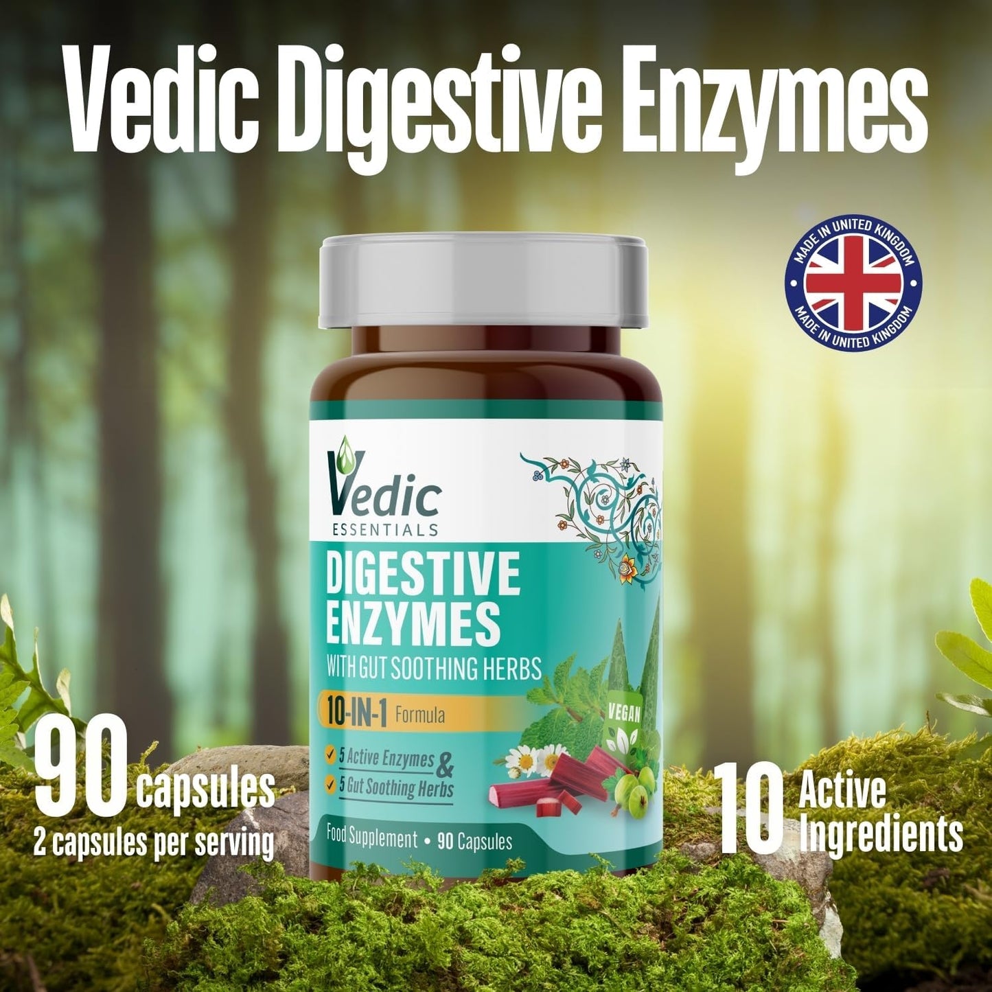 Vedic Digestive Enzymes + Herbs Complex for Better Digestion & Tummy Comfort | Advanced Digestive Supplement for Bloating, Gas, Indigestion | 5 Enzymes + Peppermint, Aloe, Licorice | UK Made, Vegan
