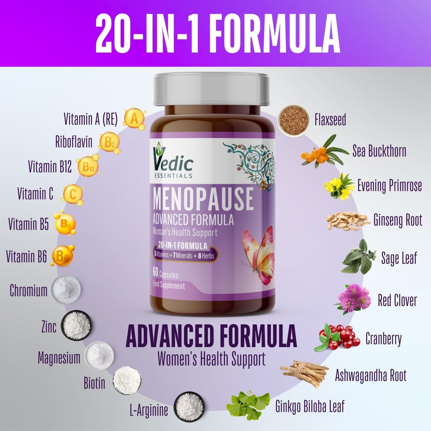 Vedic Menopause Support | 20 Vitamins, Minerals & Herbs Like Red Clover, Sage, Primrose, Flaxseed, Ginseng | Menopause, Perimenopause Supplement for Hot Flashes, Mood Swings, Fatigue | UK Made, Vegan
