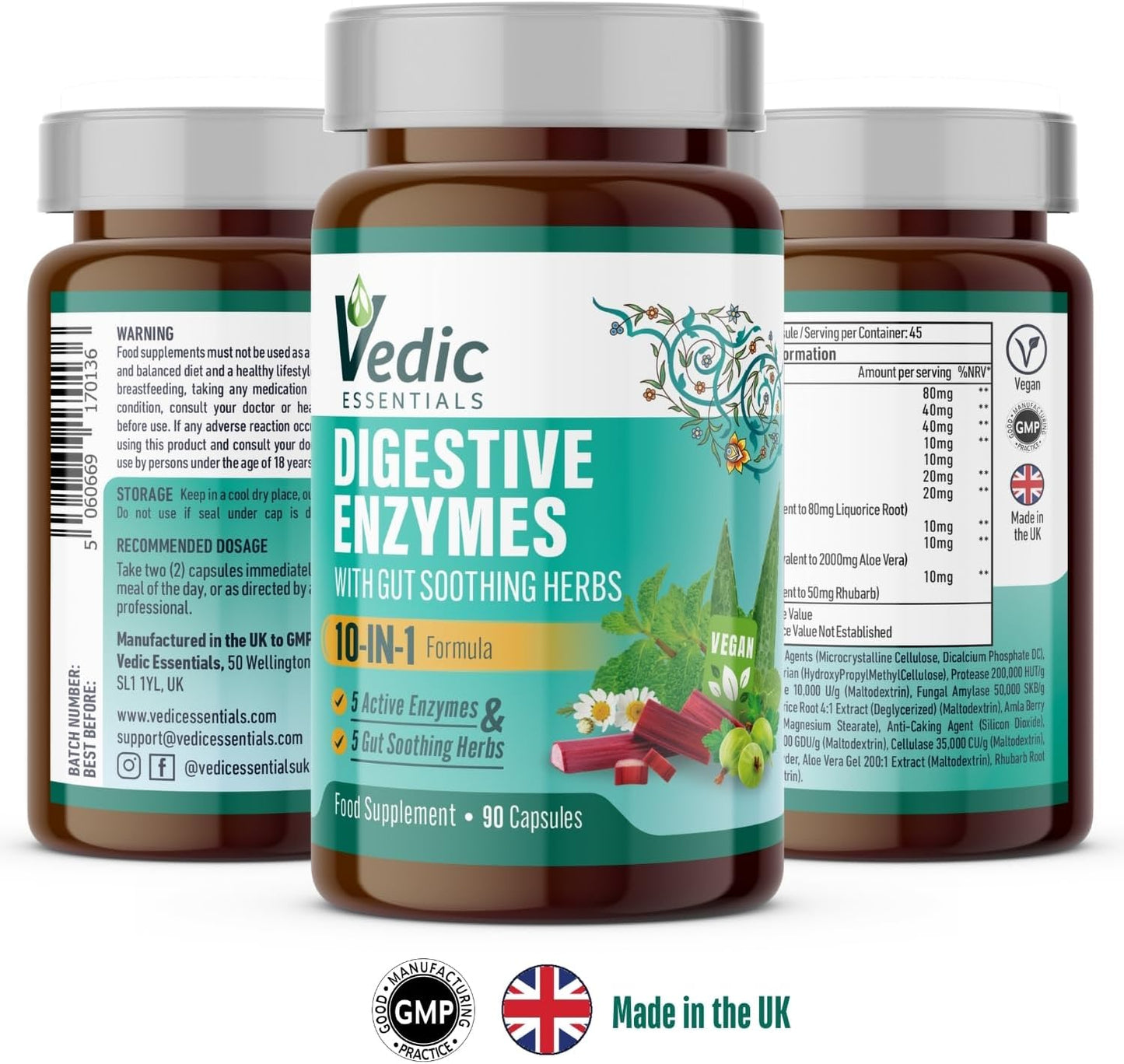 Vedic Digestive Enzymes + Herbs Complex for Better Digestion & Tummy Comfort | Advanced Digestive Supplement for Bloating, Gas, Indigestion | 5 Enzymes + Peppermint, Aloe, Licorice | UK Made, Vegan