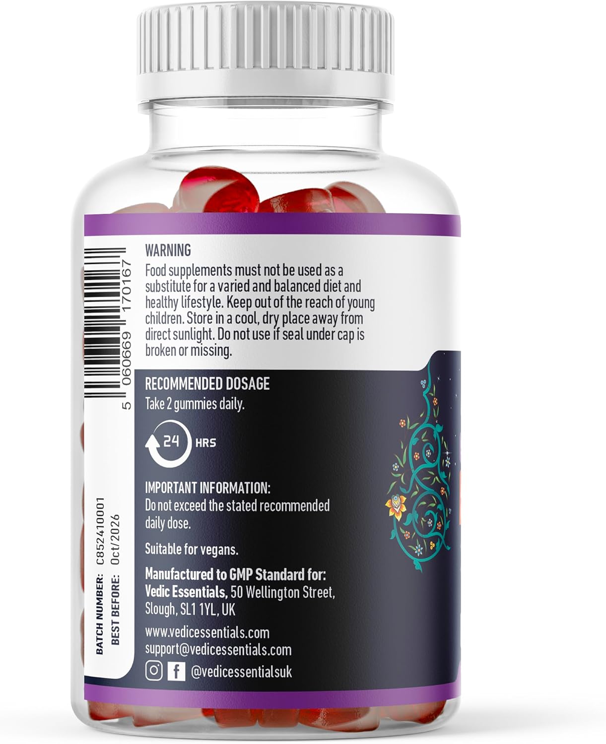 Vedic Bliss Gummies- Stress, Mood, Focus | Sugar Free Ashwagandha Gummies with Chamomile, Lemon Balm, Lavender, Vit B6 | Stress & Anxiety Gummies | High Strength Ashwagandha, Vegan, Yummy Mango Flavor