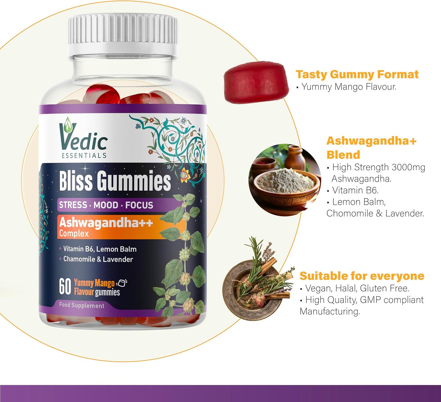 Vedic Bliss Gummies- Stress, Mood, Focus | Sugar Free Ashwagandha Gummies with Chamomile, Lemon Balm, Lavender, Vit B6 | Stress & Anxiety Gummies | High Strength Ashwagandha, Vegan, Yummy Mango Flavor