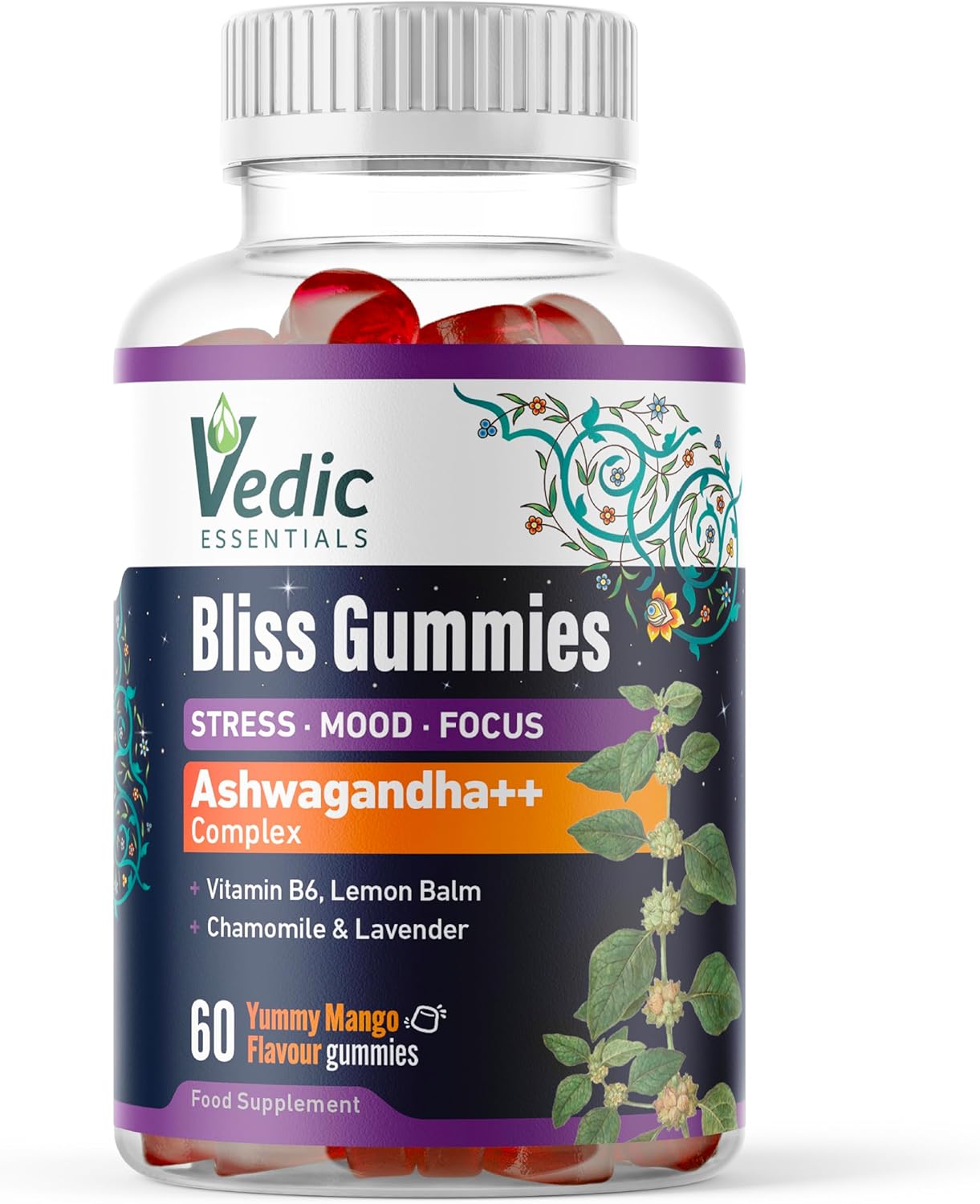 Vedic Bliss Gummies- Stress, Mood, Focus | Sugar Free Ashwagandha Gummies with Chamomile, Lemon Balm, Lavender, Vit B6 | Stress & Anxiety Gummies | High Strength Ashwagandha, Vegan, Yummy Mango Flavor