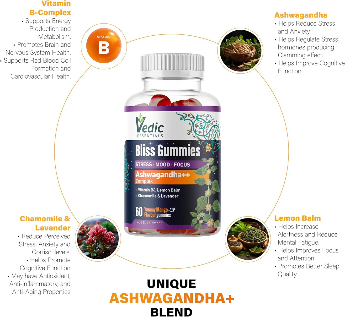 Vedic Bliss Gummies- Stress, Mood, Focus | Sugar Free Ashwagandha Gummies with Chamomile, Lemon Balm, Lavender, Vit B6 | Stress & Anxiety Gummies | High Strength Ashwagandha, Vegan, Yummy Mango Flavor