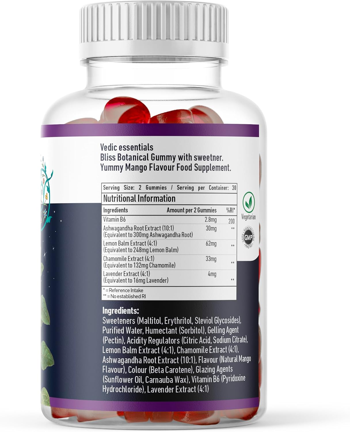 Vedic Bliss Gummies- Stress, Mood, Focus | Sugar Free Ashwagandha Gummies with Chamomile, Lemon Balm, Lavender, Vit B6 | Stress & Anxiety Gummies | High Strength Ashwagandha, Vegan, Yummy Mango Flavor
