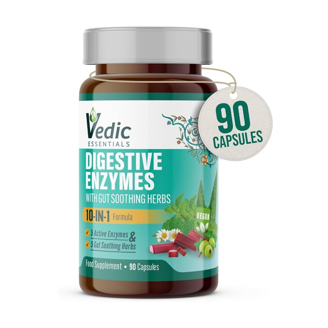 Vedic Digestive Enzymes + Herbs Complex for Better Digestion & Tummy Comfort | Advanced Digestive Supplement for Bloating, Gas, Indigestion | 5 Enzymes + Peppermint, Aloe, Licorice | UK Made, Vegan