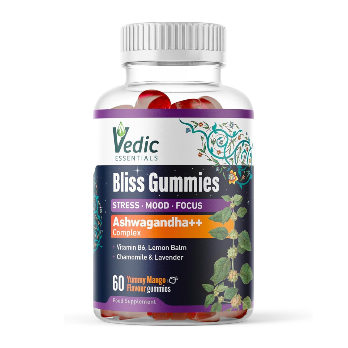 Vedic Bliss Gummies- Stress, Mood, Focus | Sugar Free Ashwagandha Gummies with Chamomile, Lemon Balm, Lavender, Vit B6 | Stress & Anxiety Gummies | High Strength Ashwagandha, Vegan, Yummy Mango Flavor