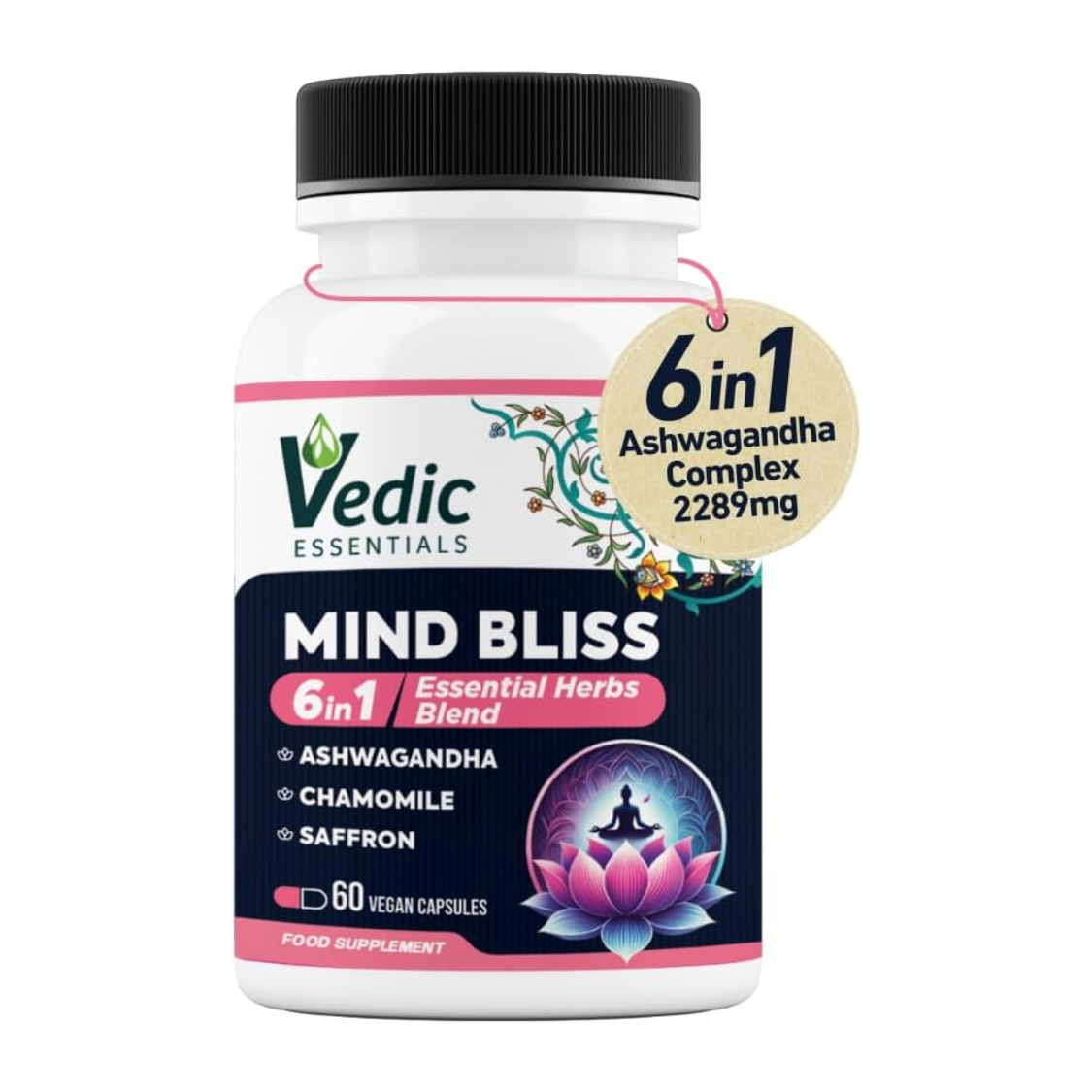 Vedic Mind Bliss- Stress Relief & Sleep Aid | 6-in-1 Ashwagandha Complex +Chamomile +Saffron & More | High Strength Ashwagandha | Anxiety Relief, Calming, Mood Lift | 60 Vegan Capsules