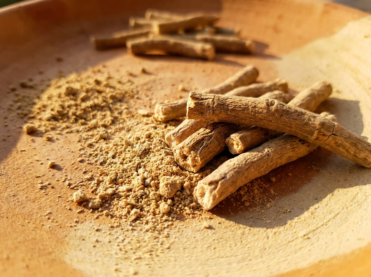 Ashwagandha root and ground powder on a clay dish