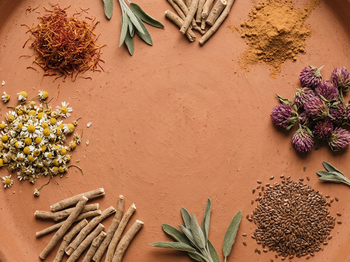 Saffron, chamomile, liquorice root, red clover, sage and flaxseed arranged on a terracotta tray