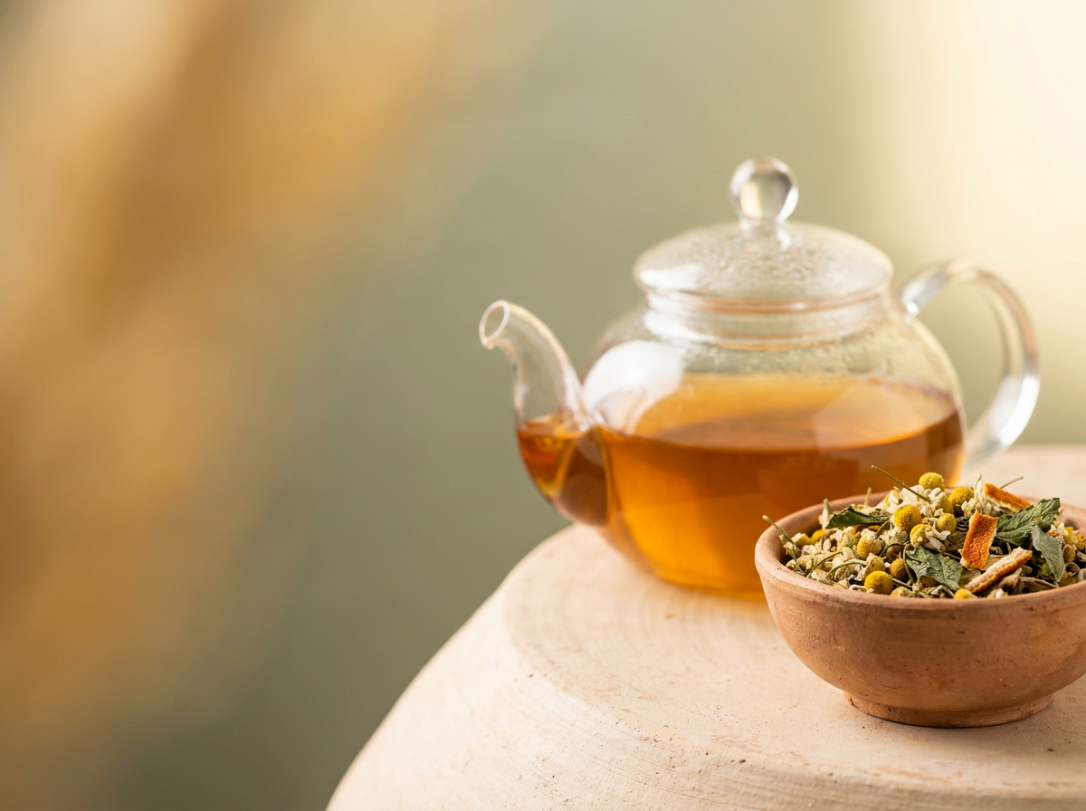 Glass teapot of herbal tea beside a bowl of dried chamomile flowers