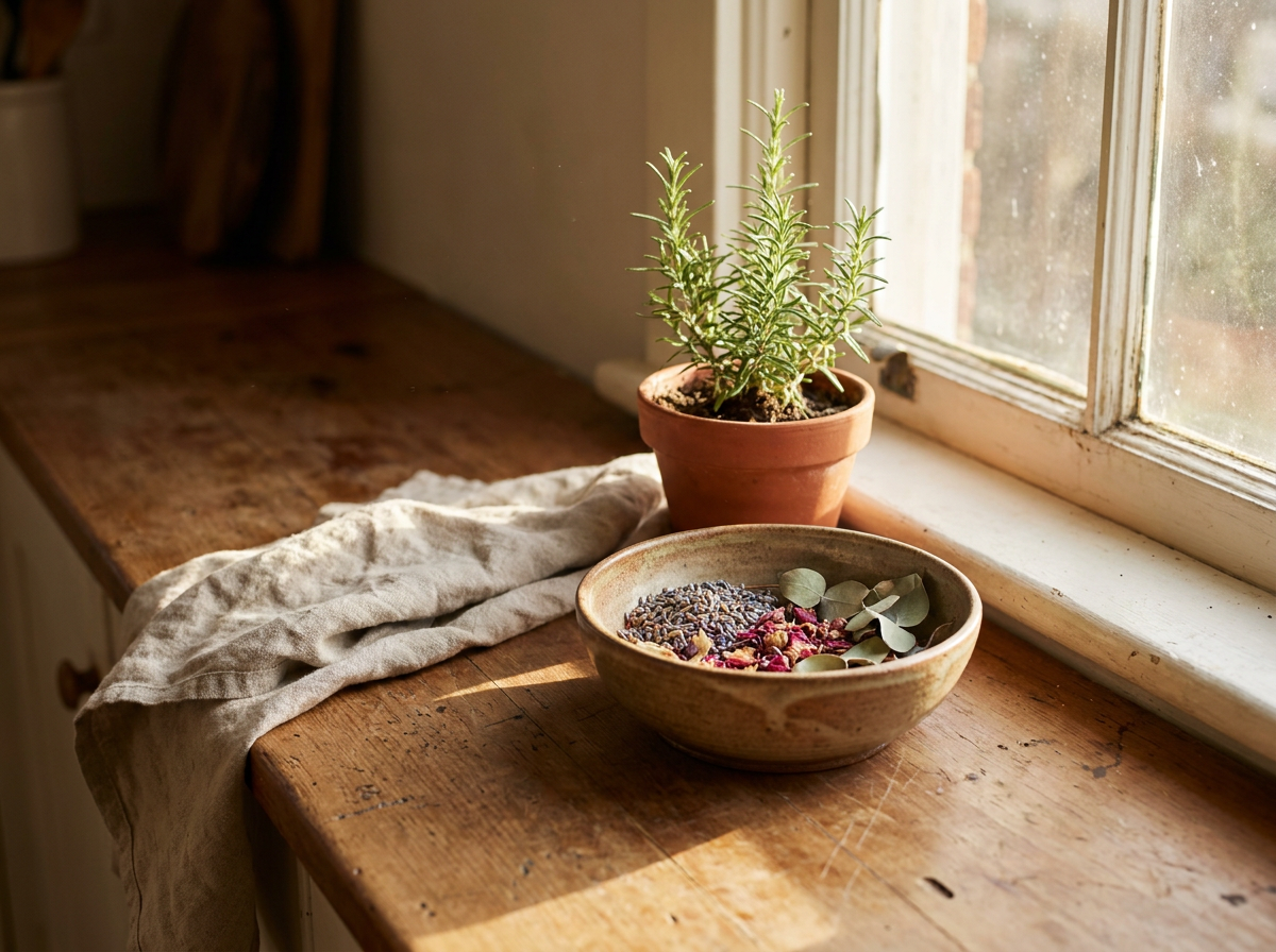 Rosemary in a terracotta pot and a bowl of dried lavender and rose petals on a kitchen windowsill