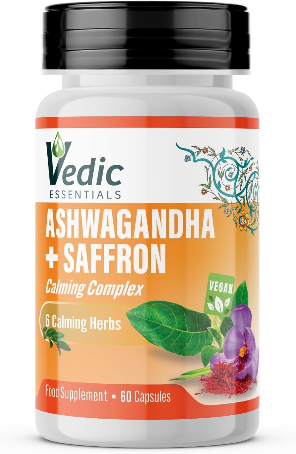Vedic Ashwagandha-Saffron Calming Complex | 6 Calming Herbs Blend- Ashwagandha Boosted with Saffron, Chamomile, Hops, Inositol & Schisandra Berry | High Strength 2290mg | Premium, Vegan, 60 Capsules
