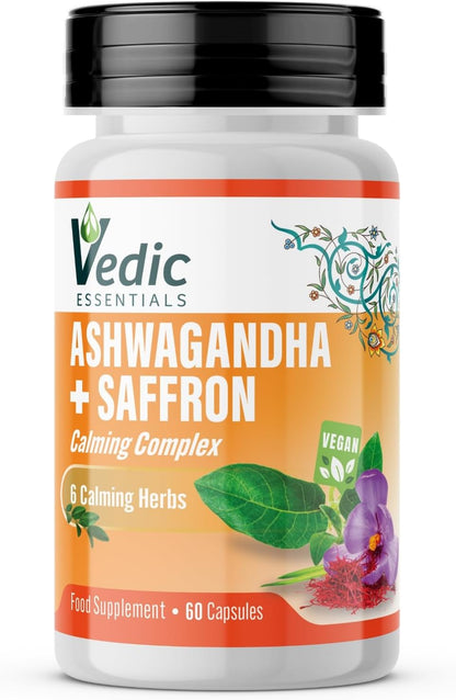 Vedic Ashwagandha-Saffron Calming Complex | 6 Calming Herbs Blend- Ashwagandha Boosted with Saffron, Chamomile, Hops, Inositol & Schisandra Berry | High Strength 2290mg | Premium, Vegan, 60 Capsules