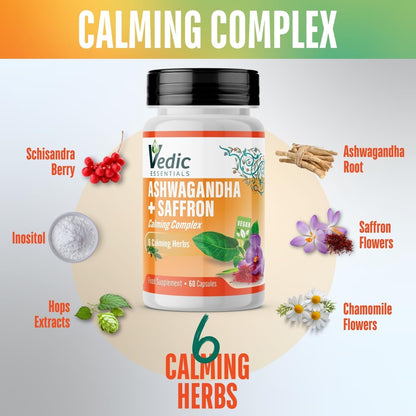 Vedic Ashwagandha-Saffron Calming Complex | 6 Calming Herbs Blend- Ashwagandha Boosted with Saffron, Chamomile, Hops, Inositol & Schisandra Berry | High Strength 2290mg | Premium, Vegan, 60 Capsules