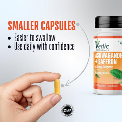 Vedic Ashwagandha-Saffron Calming Complex | 6 Calming Herbs Blend- Ashwagandha Boosted with Saffron, Chamomile, Hops, Inositol & Schisandra Berry | High Strength 2290mg | Premium, Vegan, 60 Capsules