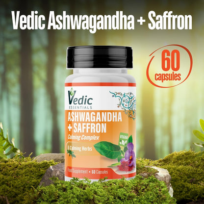 Vedic Ashwagandha-Saffron Calming Complex | 6 Calming Herbs Blend- Ashwagandha Boosted with Saffron, Chamomile, Hops, Inositol & Schisandra Berry | High Strength 2290mg | Premium, Vegan, 60 Capsules
