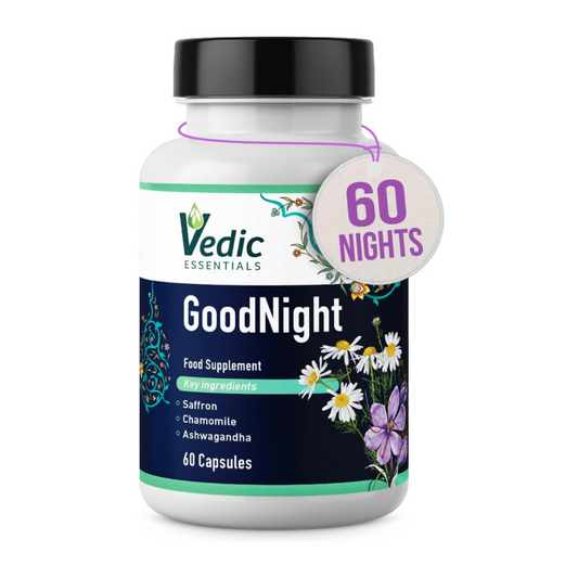 Vedic Saffron + Chamomile + Ashwagandha. Melatonin Alternative Natural Sleep Aid | Quick, Good Night Sleep | Vedic, Vegan, Halal, Gluten-Free Sleep Supplement | Stress & Anxiety Relief | 60 Nights